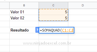 Selecionando dados para função SOMAQUAD no Google Planilhas