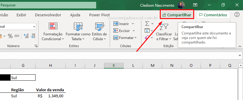 Botão compartilhar planilha do Excel