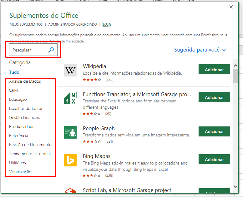 Categorias de Suplementos no Excel