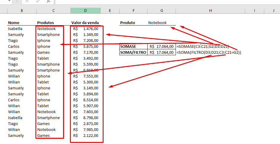 Construção das combinações da função Filtro no Excel