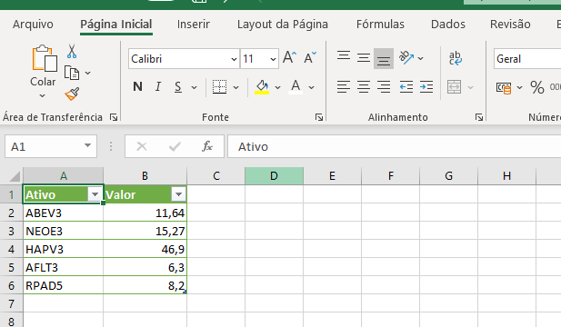 Cotação da bolsa de valores no Excel