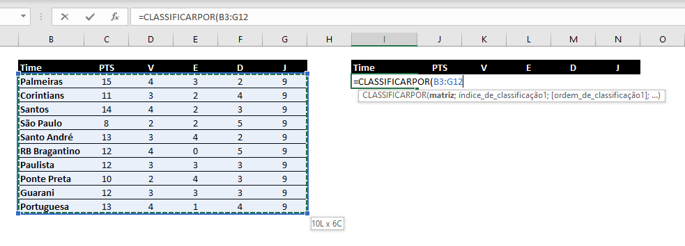 Matriz da FUNÇÃO CLASSIFICARPOR no Excel