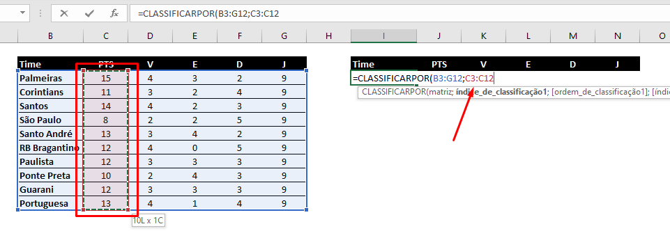Primeiro índice da FUNÇÃO CLASSIFICARPOR no Excel