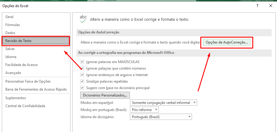 Habilitando autocorreção para corrigir erros ortográficos no Excel