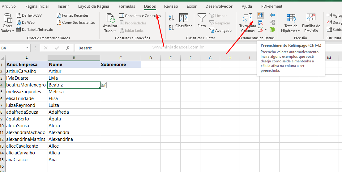 Acionando o preenchimento relâmpago para Separar Nome do sobrenome no Excel