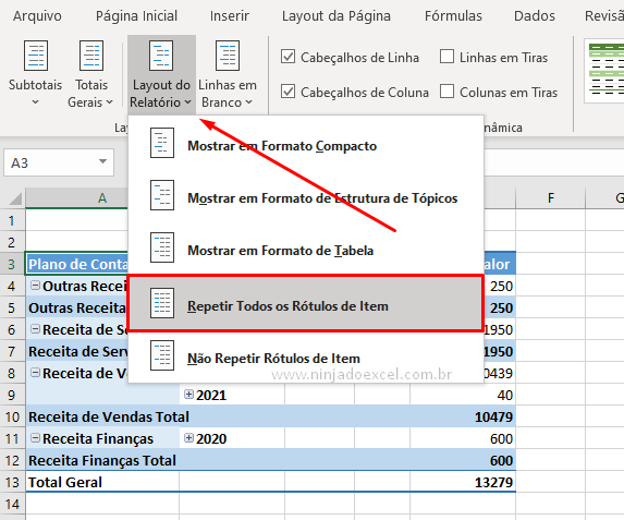 Escolhendo o Layout da tabela dinâmica no Excel em Formato de Todos os itens