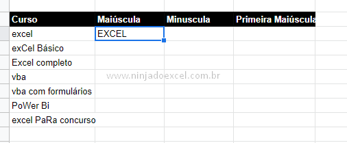 Excel em maiúscula com padronização do formato de texto no Google Planilhas