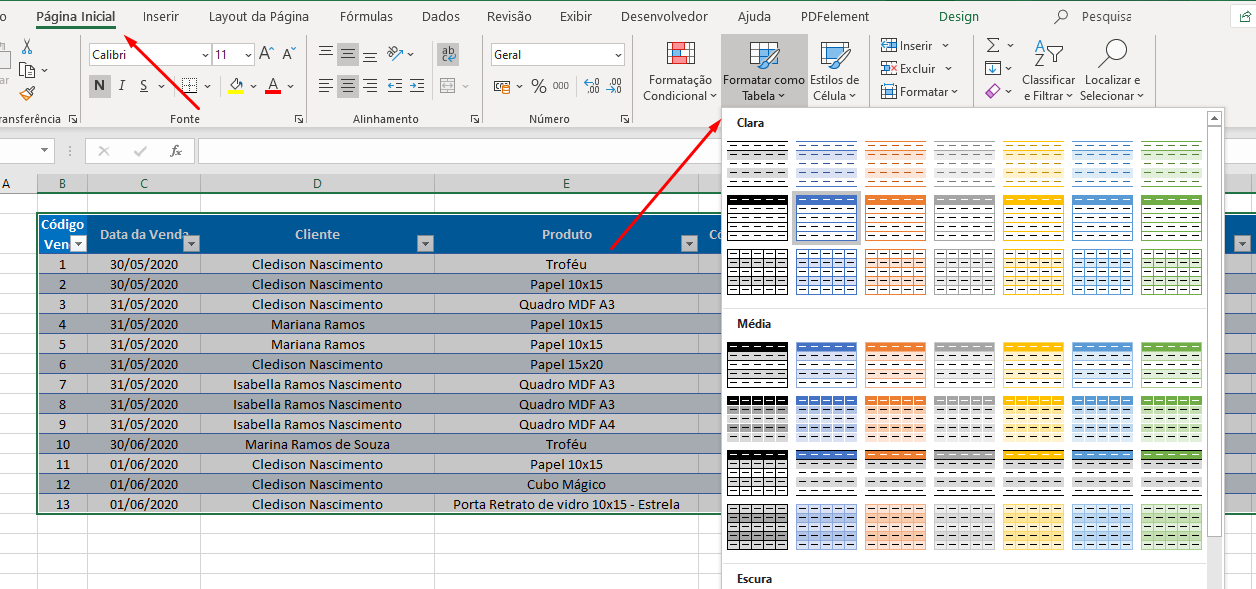 Formatar como tabela para Diminuir o tamanho da planilha do Excel