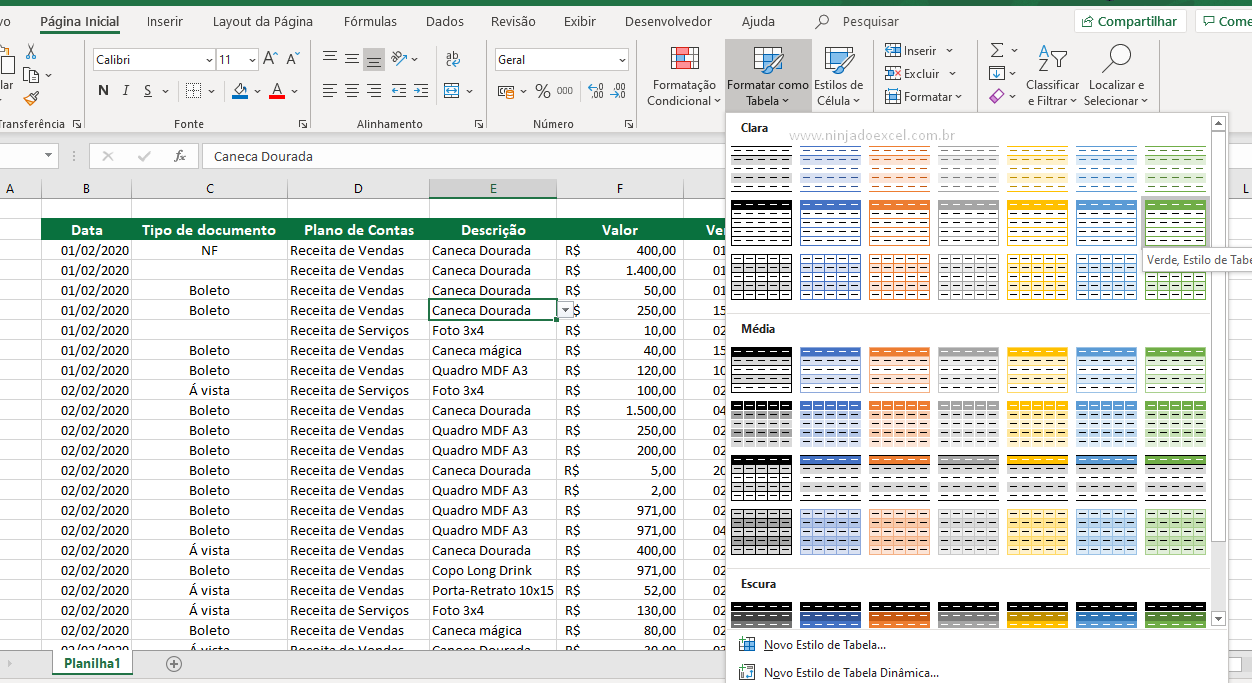 Formatar como tabela para Layout da tabela dinâmica no Excel