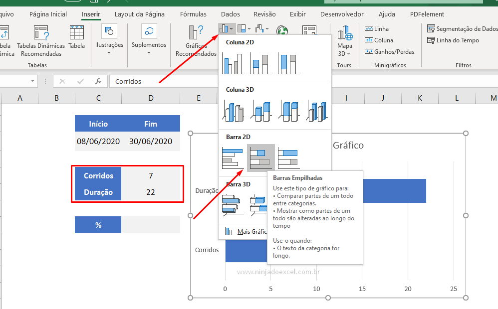 Inserindo o gráfico de barra de progresso no Excel