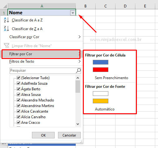 Localizando o filtro por cor no Excel