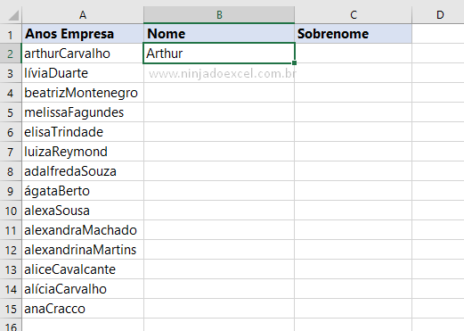 Nome para Separar Nome do sobrenome no Excel