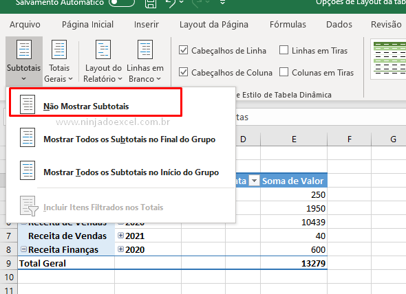 Não mostrar os subtotais do Layout da tabela dinâmica no Excel