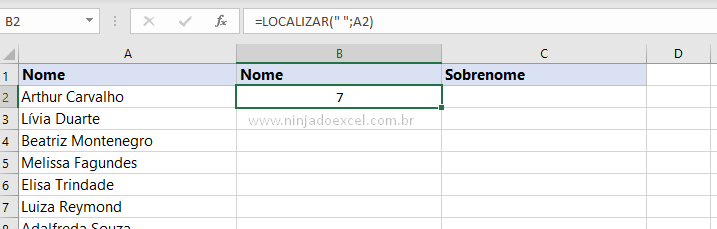 Resultado da função Localizar no Excel