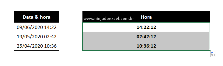Resultado final de Extrair hora no Excel