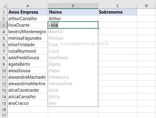 Segundo Nome para Separar Nome do sobrenome no Excel