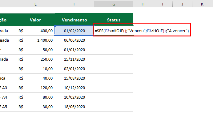 Segundo resultado esperado da função SES no Excel
