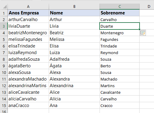 Separar Nome do sobrenome no Excel