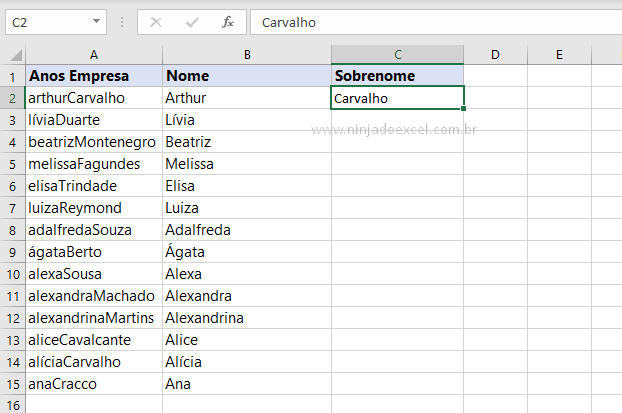 Sobrenome para Separar Nome do sobrenome no Excel