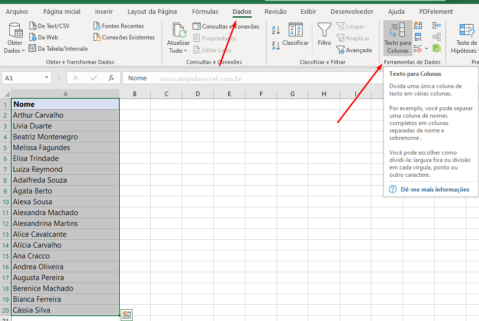 Texto para colunas para Separar textos no Excel