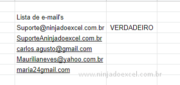 confirmar e-mails no Google Planilhas VERDADEIRO