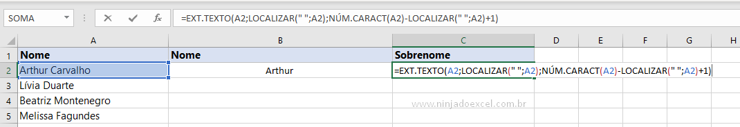 Extraindo sobrenome com a função Localizar no Excel