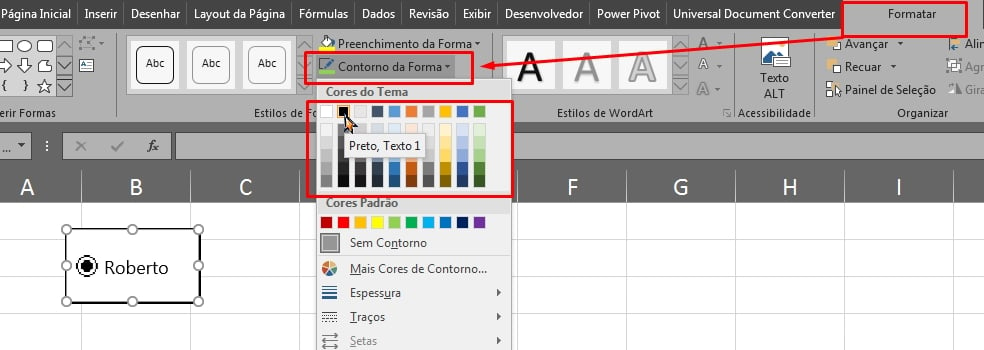 Botão de opção no Excel, contorno da forma