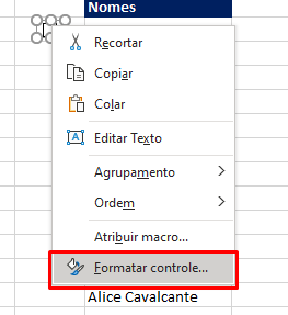 Formatar Controle em Caixa de Seleção no Excel