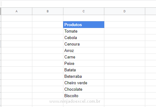 Lista de produtos para a checklist no Google Planilhas
