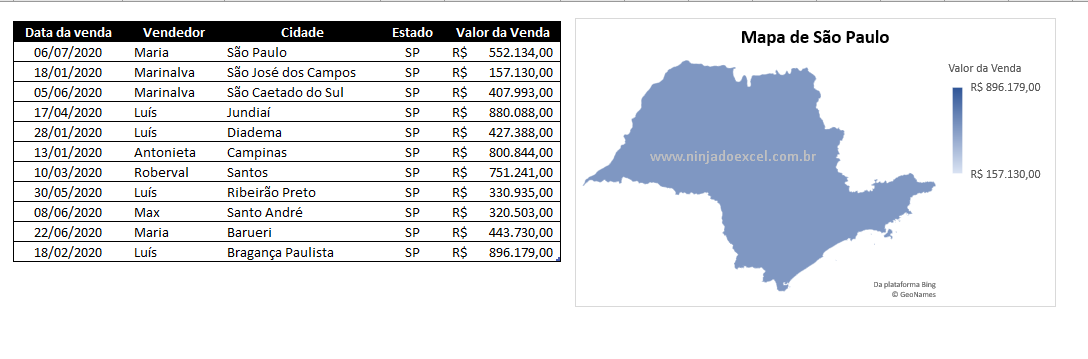 Mapa de Cidades no Excel de São Paulo