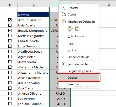 Ocultando célula em caixa de seleção no Excel