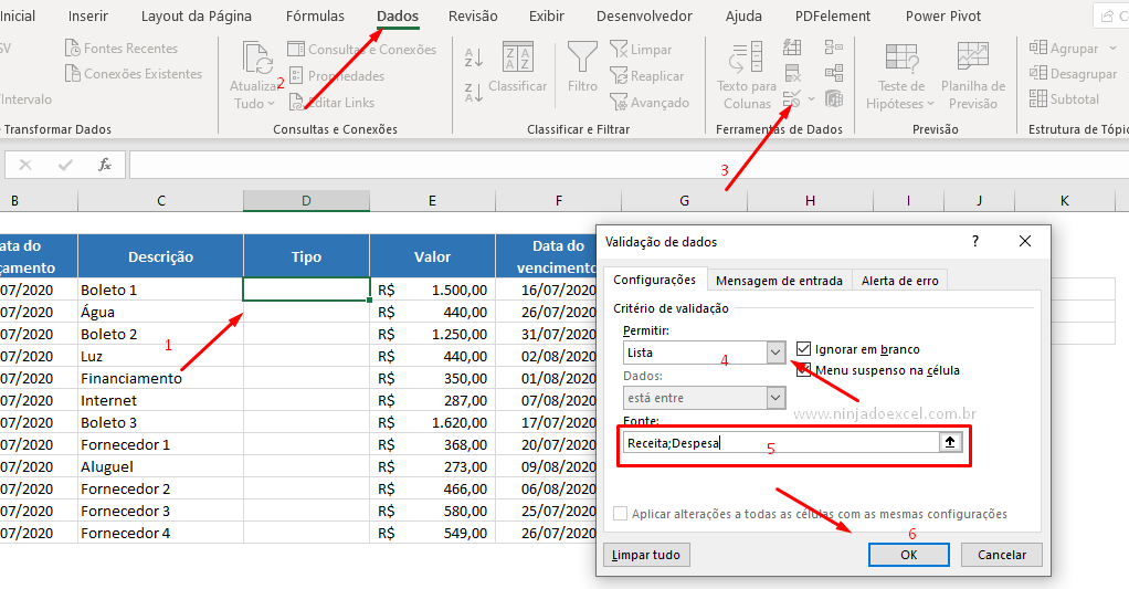 Validação de dados para controle de Contas a Pagar e Receber no Excel