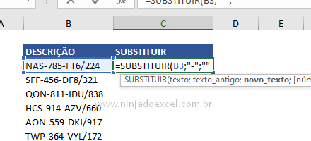 Completos da primeira função SUBSTITUIR ANINHADA no Excel