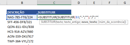 Completos da segunda função SUBSTITUIR ANINHADA no Excel