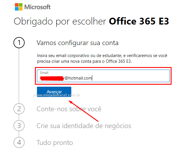 Informando e-mail para Criar Conta Gratuita no Power BI