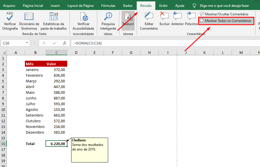 Mostrar todos os comentários para Imprimir Comentários no Excel