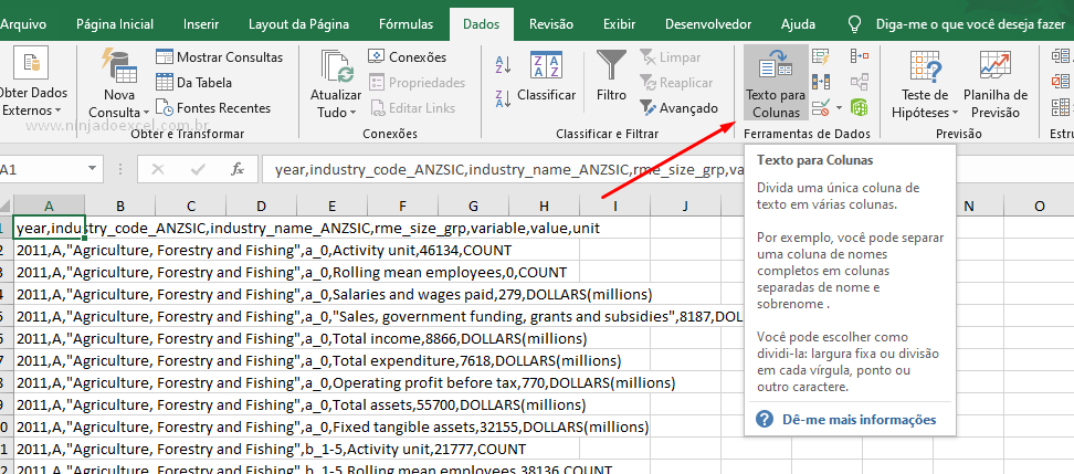 Texto para colunas para converter um arquivo CSV no Excel