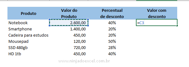 Valor do produto para calcular o desconto no Excel