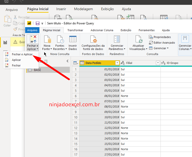 Fechar e aplicar Power Query Editor