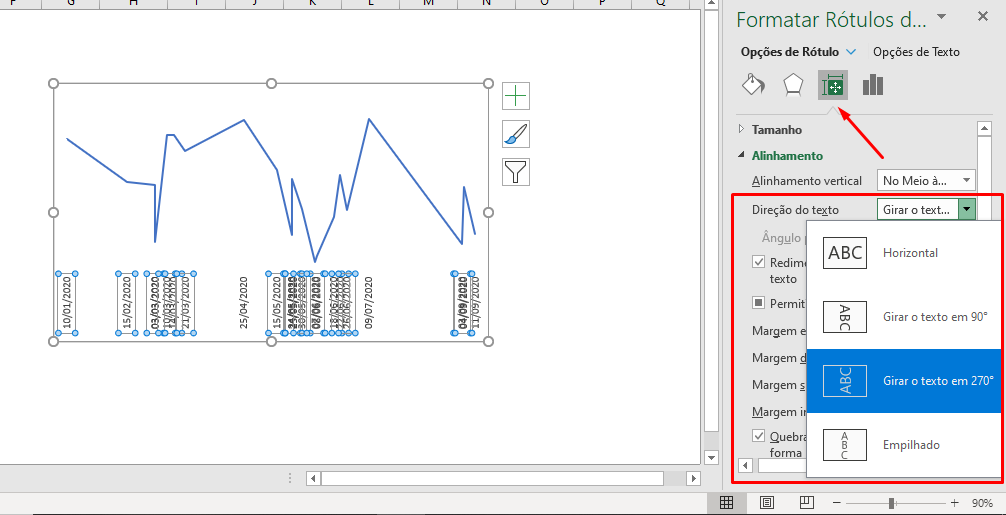 Girando texto para Rotular Datas Específicas do Eixo do Gráfico do Excel