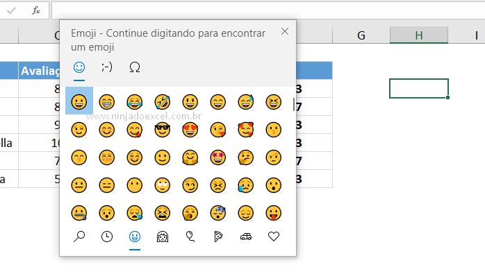 Janela de Emoji no Excel