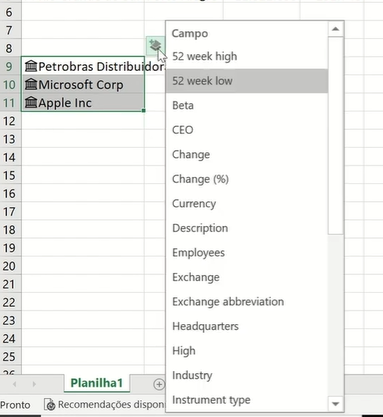 Opções dos Tipos de Dados do Excel em Ações