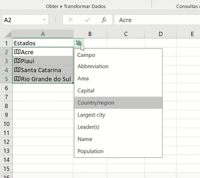 Opções dos Tipos de Dados do Excel em geografia