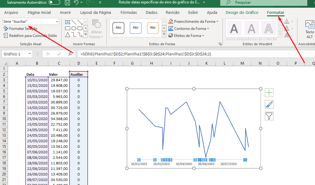 Série Auxiliar 2 para Rotular Datas Específicas do Eixo do Gráfico do Excel