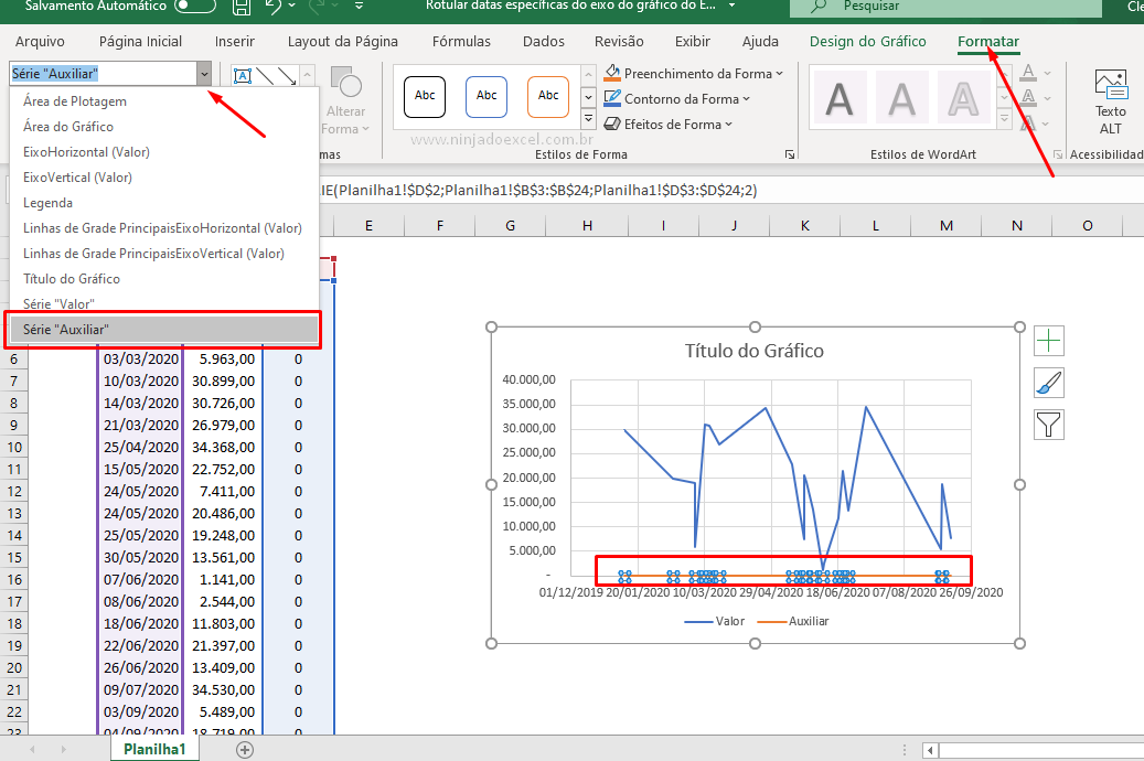 Série Auxiliar para Rotular Datas Específicas do Eixo do Gráfico do Excel