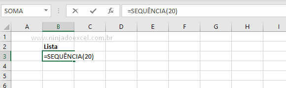 Abrindo a função Sequência no Excel