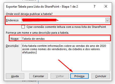 Caixa para Exportar uma Tabela do Excel para o SharePoint