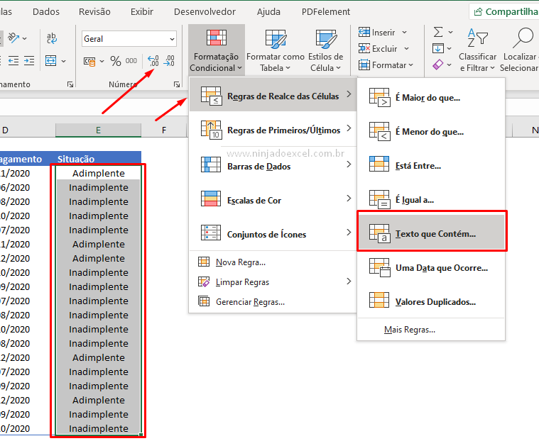 Configurações para Formatação Condicional de Texto no Excel