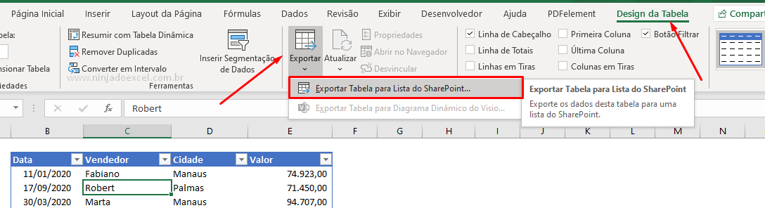 Exportar uma Tabela do Excel para o SharePoint