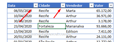 Filtro - Opções de Tabela no Excel